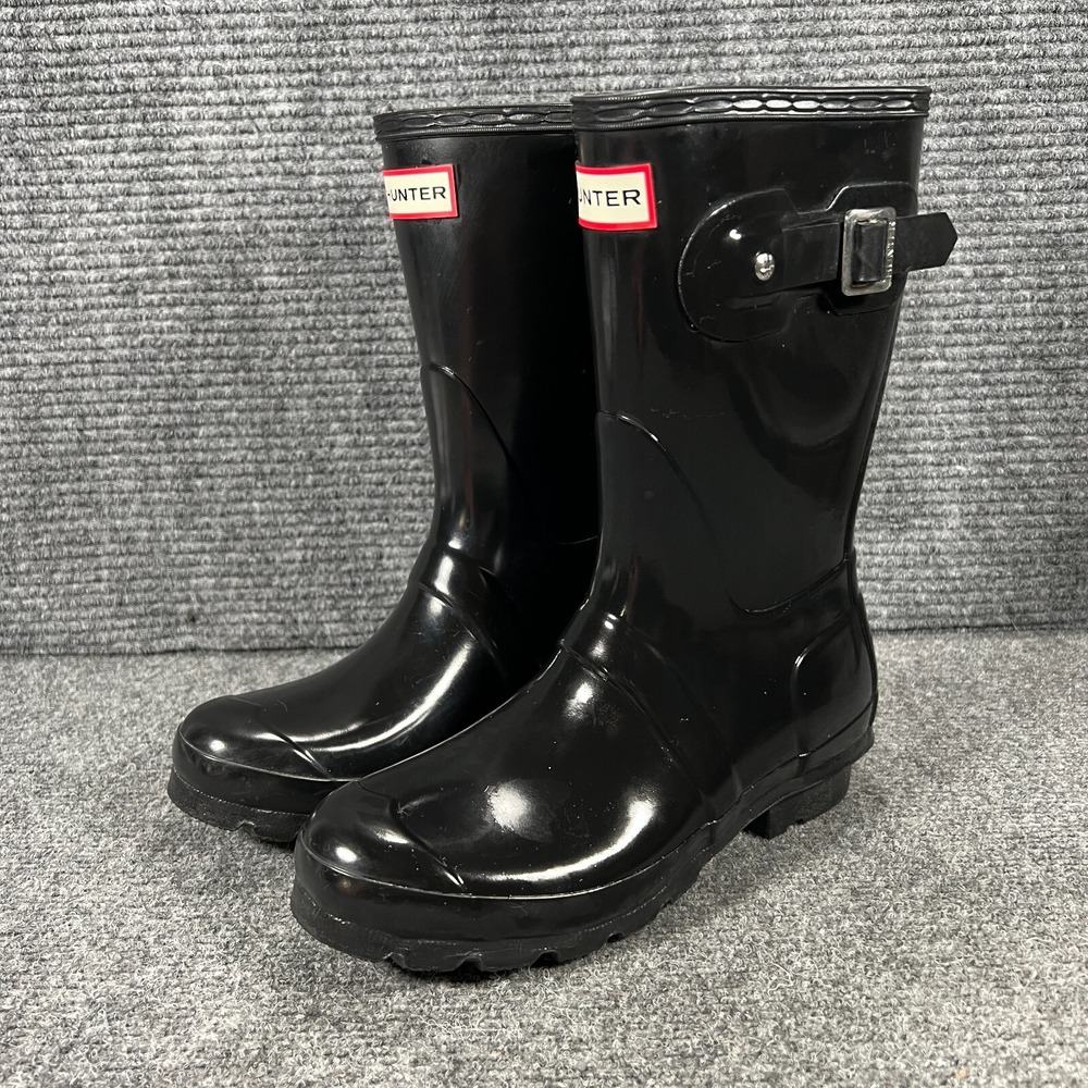 Hunter Boots Womens Size 6 Black Short Glossy Pull On Buckle Rain Casual